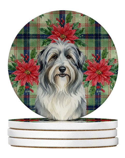 Bearded Collie Christmas Poinsettias Large Sandstone Absorbent Round Coasters Pack of 4 product image at NuMercy
