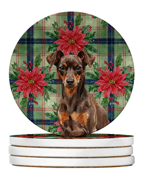 Chocolate and Rust Miniature Pinscher Min Pin Christmas Poinsettias Large Sandstone Absorbent Round Coasters Pack of 4 product image at NuMercy