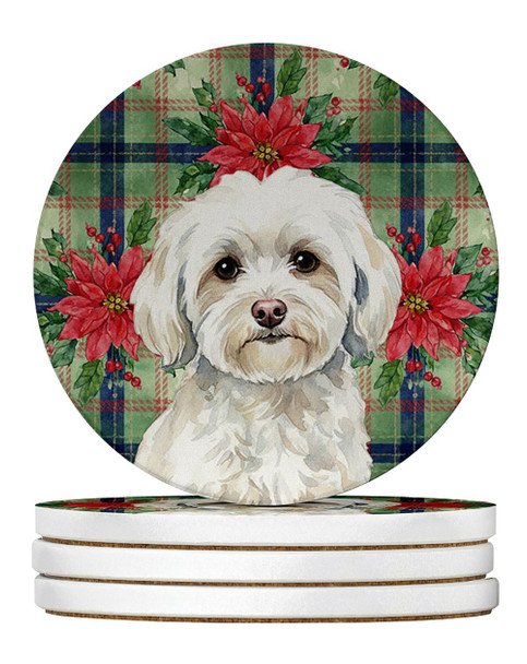 White Havanese Christmas Poinsettias Large Sandstone Absorbent Round Coasters Pack of 4 product image at NuMercy
