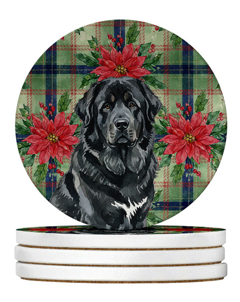 Black Tibetan Mastiff Christmas Poinsettias Large Sandstone Absorbent Round Coasters Pack of 4 product image at NuMercy