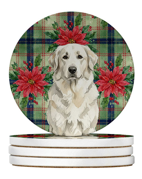 White Great Pyrenees Christmas Poinsettias Large Sandstone Absorbent Round Coasters Pack of 4 product image at NuMercy