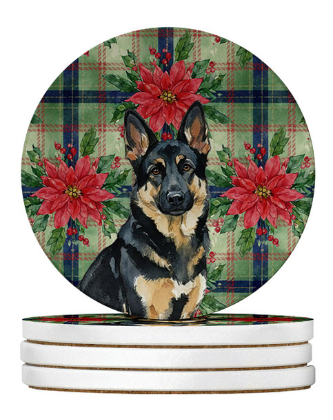 Black and Tan German Shepherd Christmas Poinsettias Large Sandstone Absorbent Round Coasters Pack of 4 product image at NuMercy