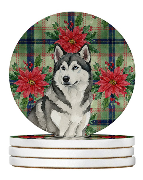 Gray and White Alaskan Malamute Christmas Poinsettias Large Sandstone Absorbent Round Coasters Pack of 4 product image at NuMercy