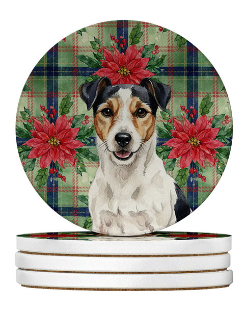 Parson Russell Terrier Christmas Poinsettias Large Sandstone Absorbent Round Coasters Pack of 4 product image at NuMercy