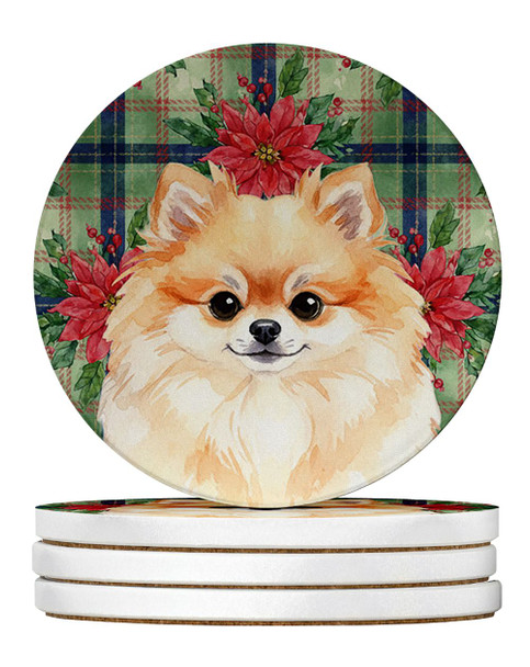 Pomeranian Christmas Poinsettias Large Sandstone Absorbent Round Coasters Pack of 4 product image at NuMercy