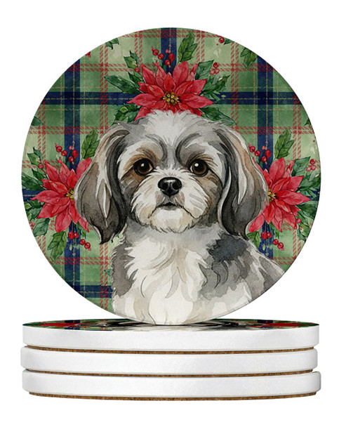 Grey and White Tibetan Spaniel Christmas Poinsettias Large Sandstone Absorbent Round Coasters Pack of 4 product image at NuMercy