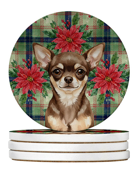 Chocolate Chihuahua Christmas Poinsettias Large Sandstone Absorbent Round Coasters Pack of 4 product image at NuMercy