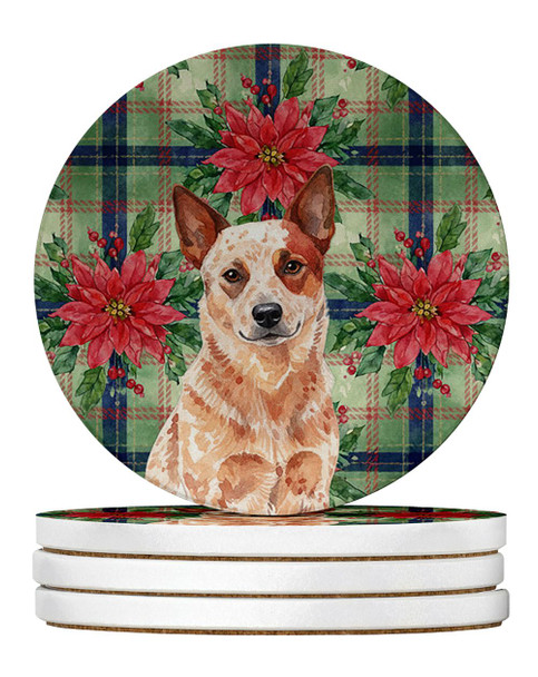 Red Heeler Australian Cattle Dog Christmas Poinsettias Large Sandstone Absorbent Round Coasters Pack of 4 product image at NuMercy