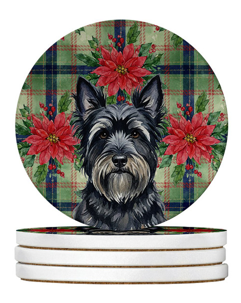 Black Skye Terrier Christmas Poinsettias Large Sandstone Absorbent Round Coasters Pack of 4 product image at NuMercy
