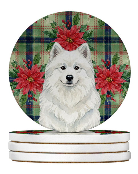 White Samoyed Christmas Poinsettias Large Sandstone Absorbent Round Coasters Pack of 4 product image at NuMercy