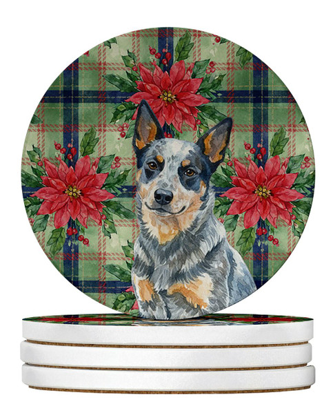 Blue Heeler Australian Cattle Dog Christmas Poinsettias Large Sandstone Absorbent Round Coasters Pack of 4 product image at NuMercy