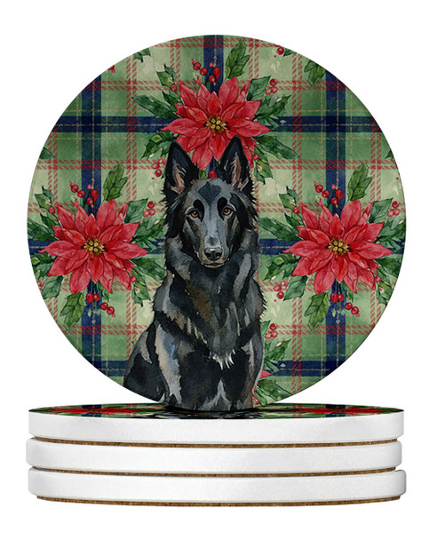 Belgian Sheepdog Groenendael Christmas Poinsettias Large Sandstone Absorbent Round Coasters Pack of 4 product image at NuMercy