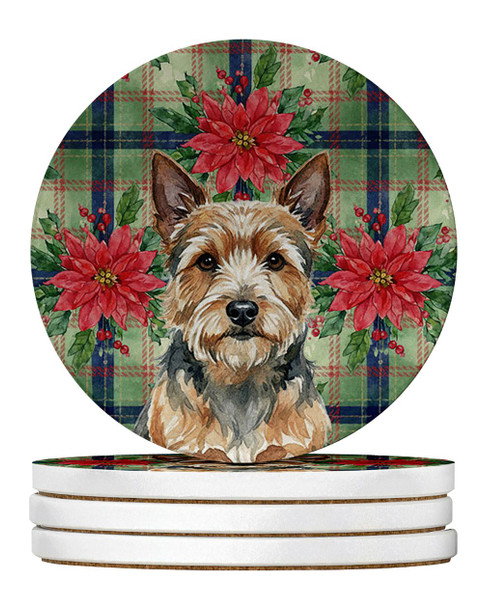 Norwich Terrier Christmas Poinsettias Large Sandstone Absorbent Round Coasters Pack of 4 product image at NuMercy