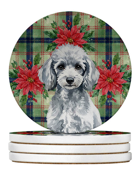 Miniature Silver Poodle Christmas Poinsettias Large Sandstone Absorbent Round Coasters Pack of 4 product image at NuMercy