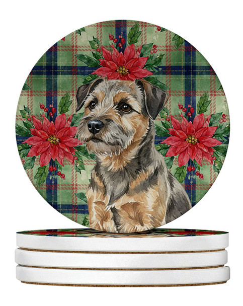 Grizzle and Tan Border Terrier Christmas Poinsettias Large Sandstone Absorbent Round Coasters Pack of 4 product image at NuMercy