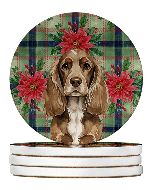 Chocolate Cocker Spaniel Christmas Poinsettias Large Sandstone Absorbent Round Coasters Pack of 4 product image at NuMercy