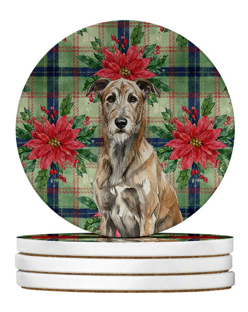 Brindle Irish Wolfhound Christmas Poinsettias Large Sandstone Absorbent Round Coasters Pack of 4 product image at NuMercy