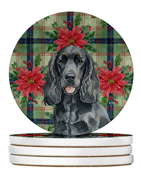 Black Cocker Spaniel Christmas Poinsettias Large Sandstone Absorbent Round Coasters Pack of 4 product image at NuMercy