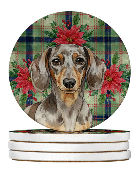Dapple Dachshund Christmas Poinsettias Large Sandstone Absorbent Round Coasters Pack of 4 product image at NuMercy