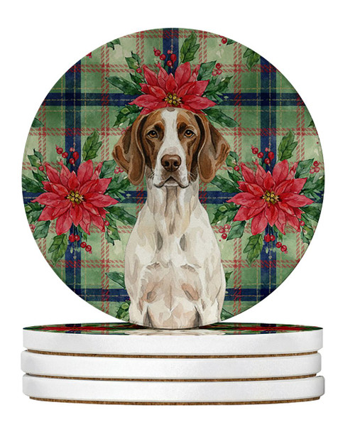 Liver and White Pointer Christmas Poinsettias Large Sandstone Absorbent Round Coasters Pack of 4 product image at NuMercy