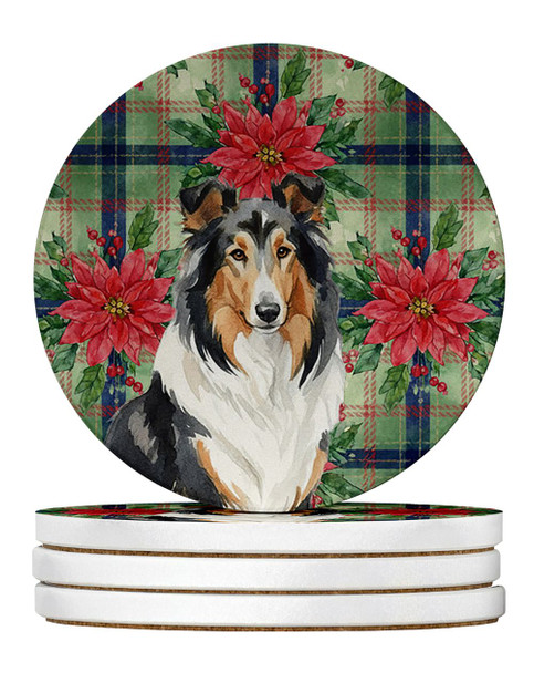 Tricolor Collie Christmas Poinsettias Large Sandstone Absorbent Round Coasters Pack of 4 product image at NuMercy