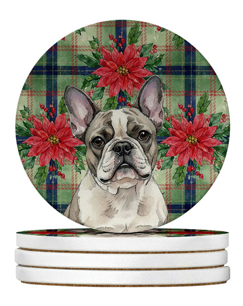 Pied French Bulldog Christmas Poinsettias Large Sandstone Absorbent Round Coasters Pack of 4 product image at NuMercy