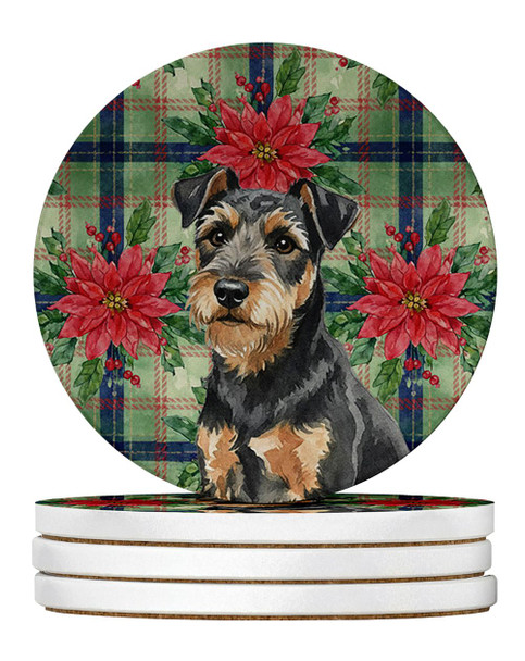 Black and Tan Lakeland Terrier Christmas Poinsettias Large Sandstone Absorbent Round Coasters Pack of 4 product image at NuMercy