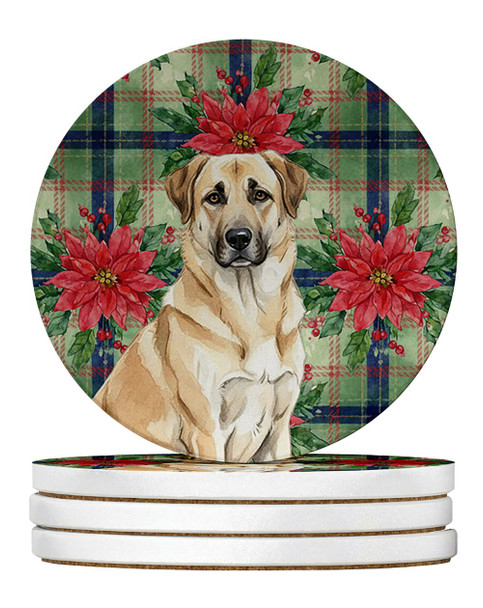 Anatolian Shepherd Dog Christmas Poinsettias Large Sandstone Absorbent Round Coasters Pack of 4 product image at NuMercy