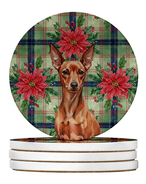 Red Miniature Pinscher Min Pin Christmas Poinsettias Large Sandstone Absorbent Round Coasters Pack of 4 product image at NuMercy