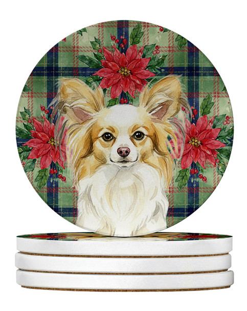 Lemon and White Papillon Christmas Poinsettias Large Sandstone Absorbent Round Coasters Pack of 4 product image at NuMercy
