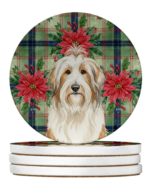 White and Tan Bearded Collie Christmas Poinsettias Large Sandstone Absorbent Round Coasters Pack of 4 product image at NuMercy