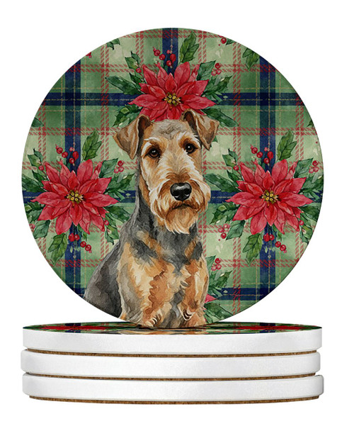Grizzle Airedale Terrier Christmas Poinsettias Large Sandstone Absorbent Round Coasters Pack of 4 product image at NuMercy