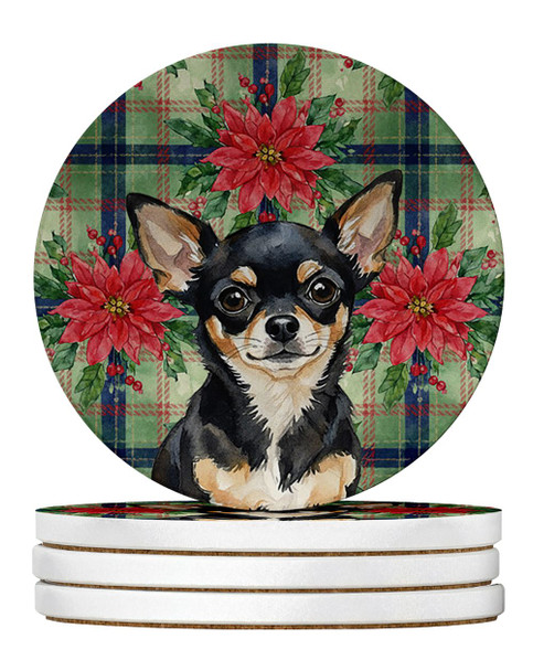 Black and Tan Chihuahua Christmas Poinsettias Large Sandstone Absorbent Round Coasters Pack of 4 product image at NuMercy