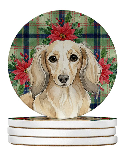 Longhaired Cream Dachshund Christmas Poinsettias Large Sandstone Absorbent Round Coasters Pack of 4 product image at NuMercy