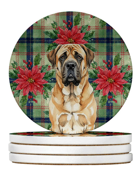 Apricot English Mastiff Christmas Poinsettias Large Sandstone Absorbent Round Coasters Pack of 4 product image at NuMercy