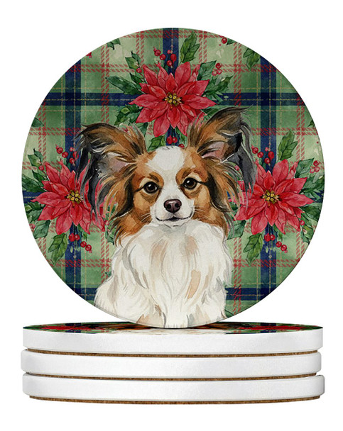 White with Sable Papillon Christmas Poinsettias Large Sandstone Absorbent Round Coasters Pack of 4 product image at NuMercy
