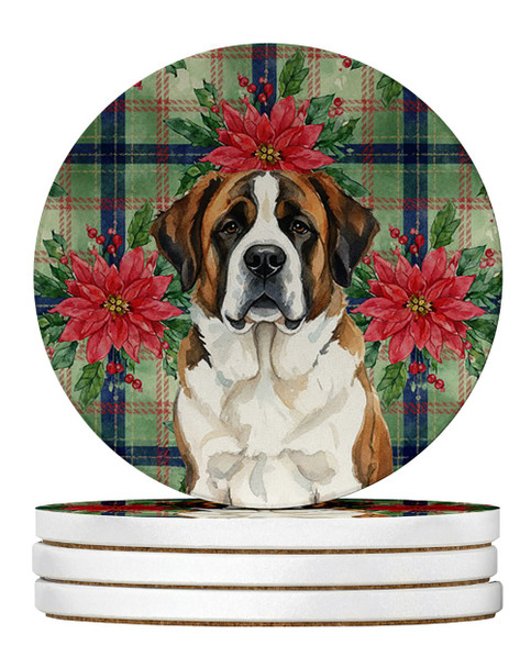 Brindle and White Saint Bernard Christmas Poinsettias Large Sandstone Absorbent Round Coasters Pack of 4 product image at NuMercy