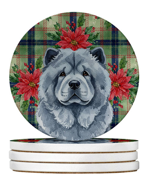 Blue Chow Chow Christmas Poinsettias Large Sandstone Absorbent Round Coasters Pack of 4 product image at NuMercy