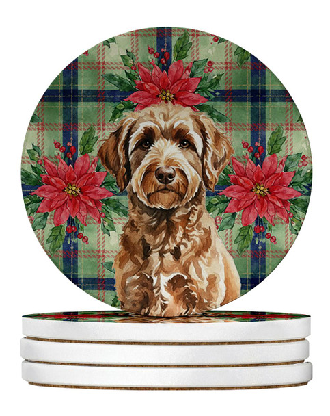 Chocolate Labradoodle Christmas Poinsettias Large Sandstone Absorbent Round Coasters Pack of 4 product image at NuMercy