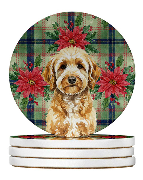 Goldendoodle Christmas Poinsettias Large Sandstone Absorbent Round Coasters Pack of 4 product image at NuMercy