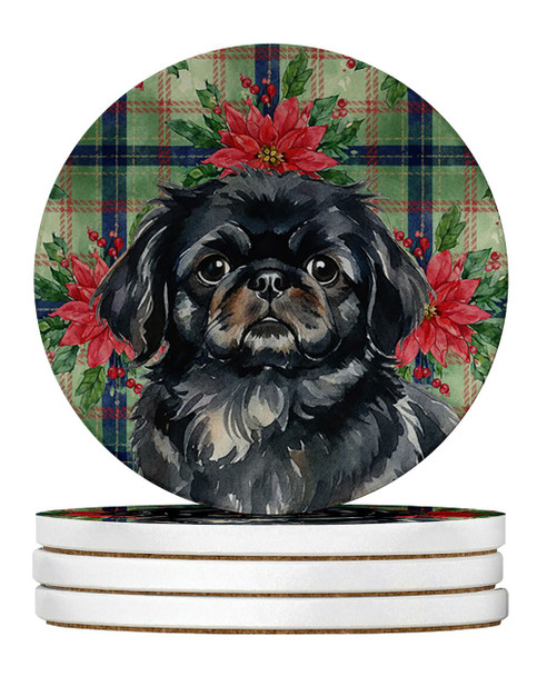 Black Pekingese Christmas Poinsettias Large Sandstone Absorbent Round Coasters Pack of 4 product image at NuMercy