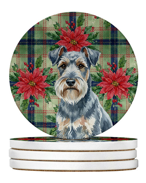 Blue Lakeland Terrier Christmas Poinsettias Large Sandstone Absorbent Round Coasters Pack of 4 product image at NuMercy