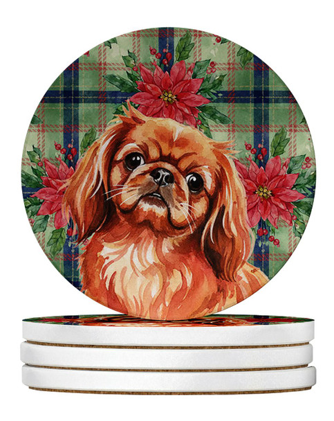 Red Pekingese Christmas Poinsettias Large Sandstone Absorbent Round Coasters Pack of 4 product image at NuMercy