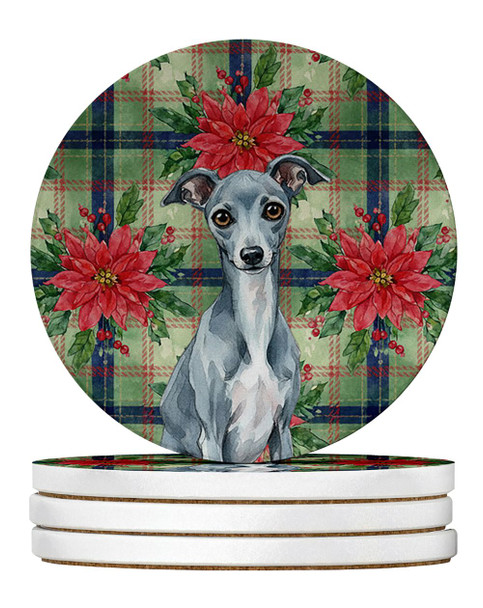 Blue Italian Greyhound Christmas Poinsettias Large Sandstone Absorbent Round Coasters Pack of 4 product image at NuMercy