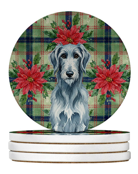 Blue-Gray Scottish Deerhound Christmas Poinsettias Large Sandstone Absorbent Round Coasters Pack of 4 product image at NuMercy