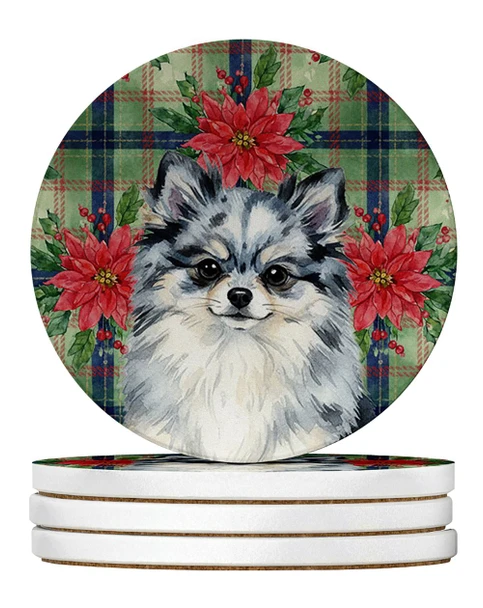 Blue Merle Pomeranian Christmas Poinsettias Large Sandstone Absorbent Round Coasters Pack of 4 product image at NuMercy
