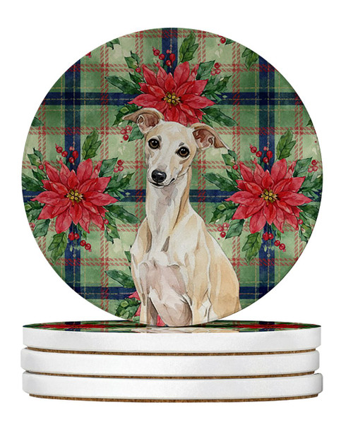 Cream Italian Greyhound Christmas Poinsettias Large Sandstone Absorbent Round Coasters Pack of 4 product image at NuMercy
