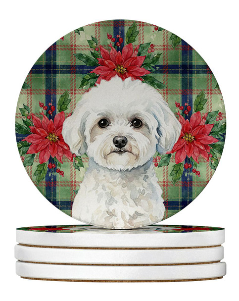 Bichon Frise Christmas Poinsettias Large Sandstone Absorbent Round Coasters Pack of 4 product image at NuMercy
