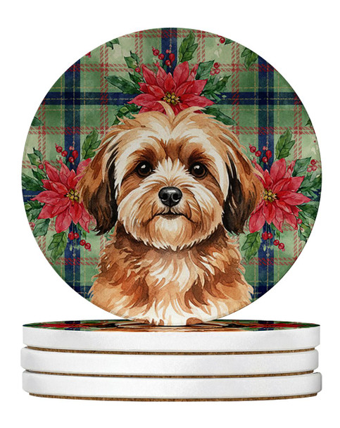 Sable Havanese Christmas Poinsettias Large Sandstone Absorbent Round Coasters Pack of 4 product image at NuMercy