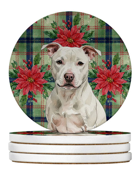 White Staffordshire Bull Terrier Christmas Poinsettias Large Sandstone Absorbent Round Coasters Pack of 4 product image at NuMercy